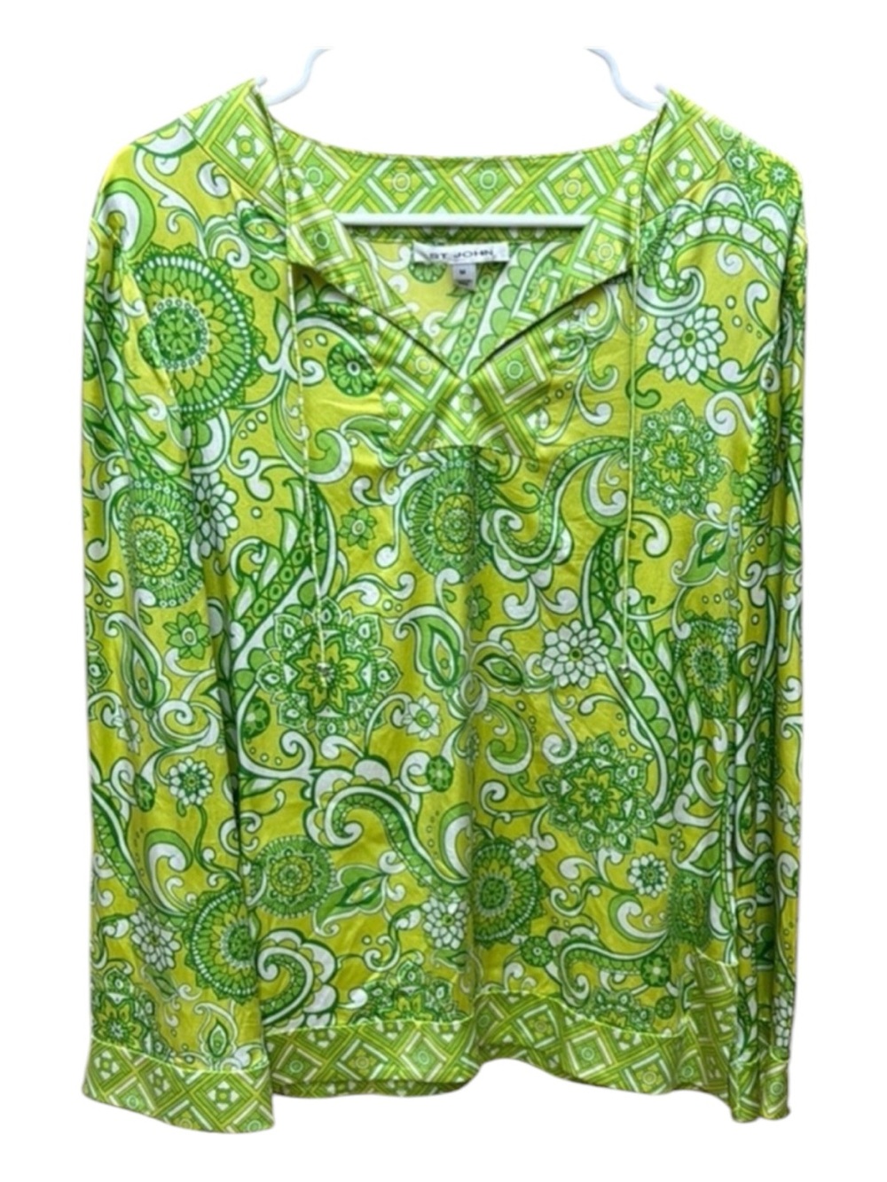 St. John Green and Yellow Silk Paisley Blouse - Sz M EUC